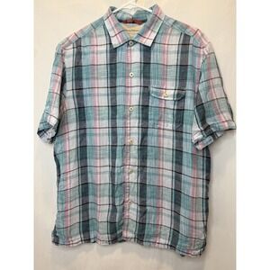 Tommy Bahama L 100% Linen Shortsleeve Hawaiian Shirt Blue Pink Black Plaid